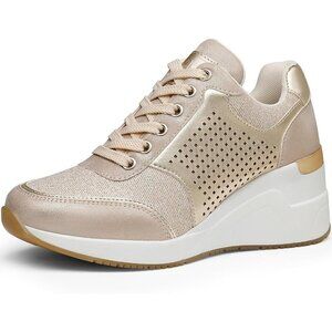 Cestfini Women Black Gold High Heeld Lace Up Daily Wear Sneaker for Casual